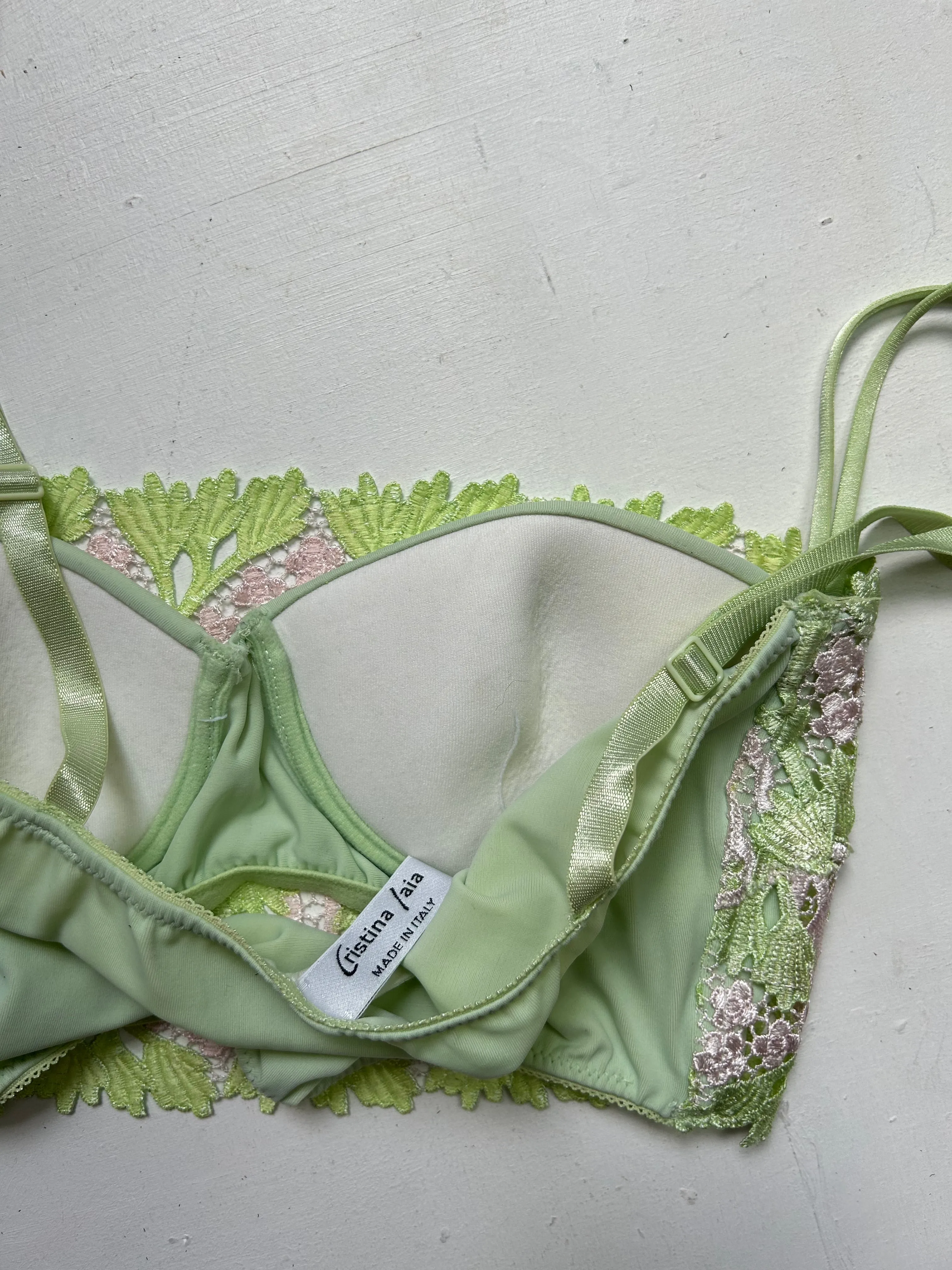 Green lace embroidered padded crop top lingerie bra (S)