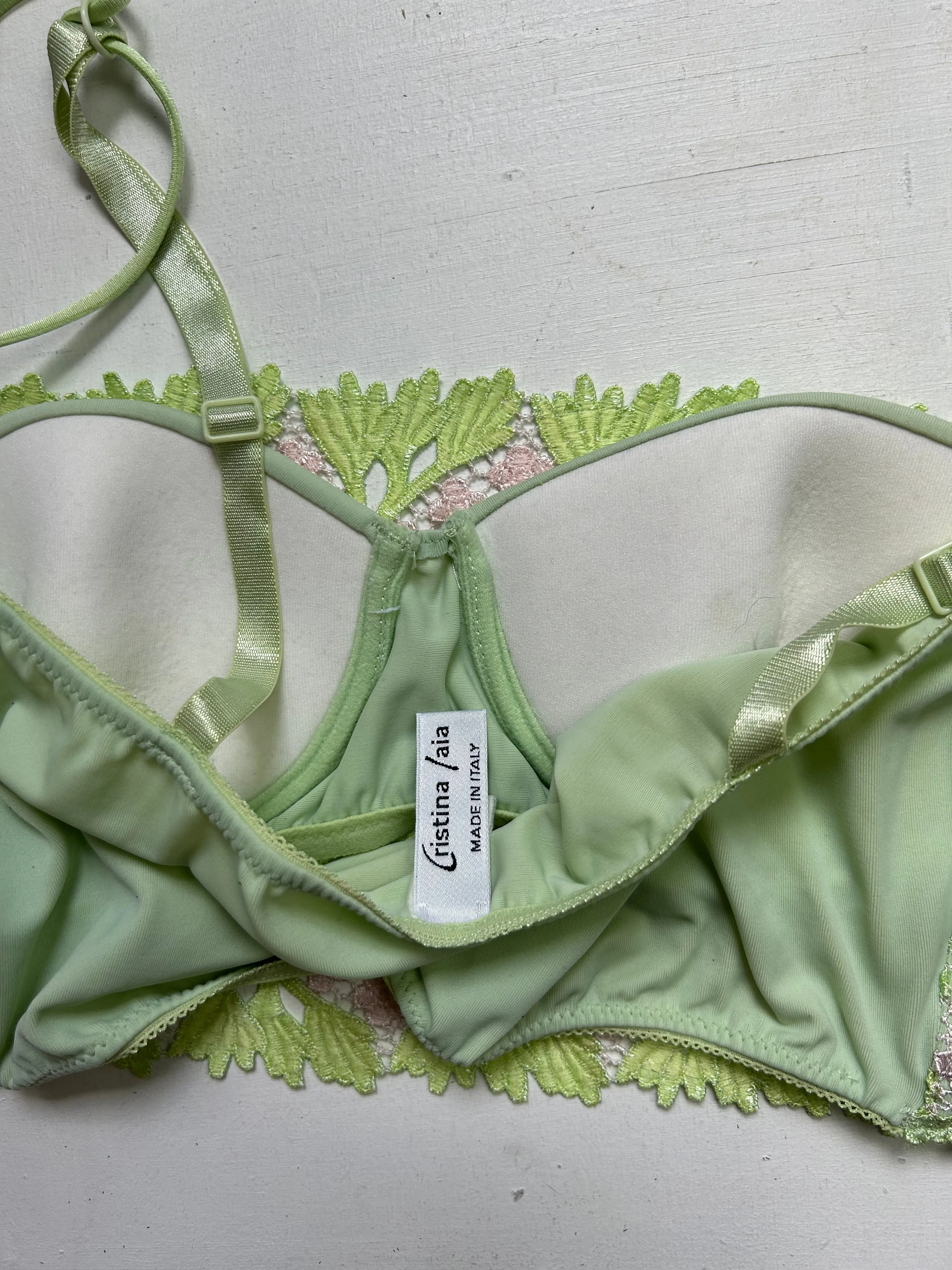 Green lace embroidered padded crop top lingerie bra (S)