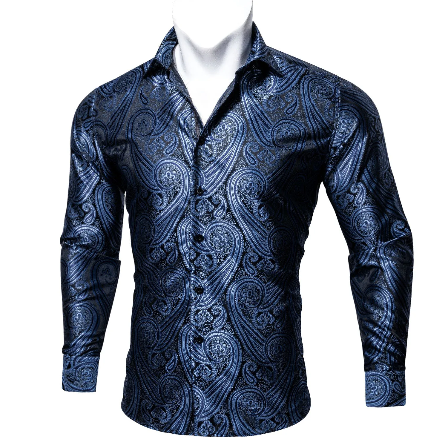 Grey Blue Paisley Style Silk Men's Long Sleeve Shirt