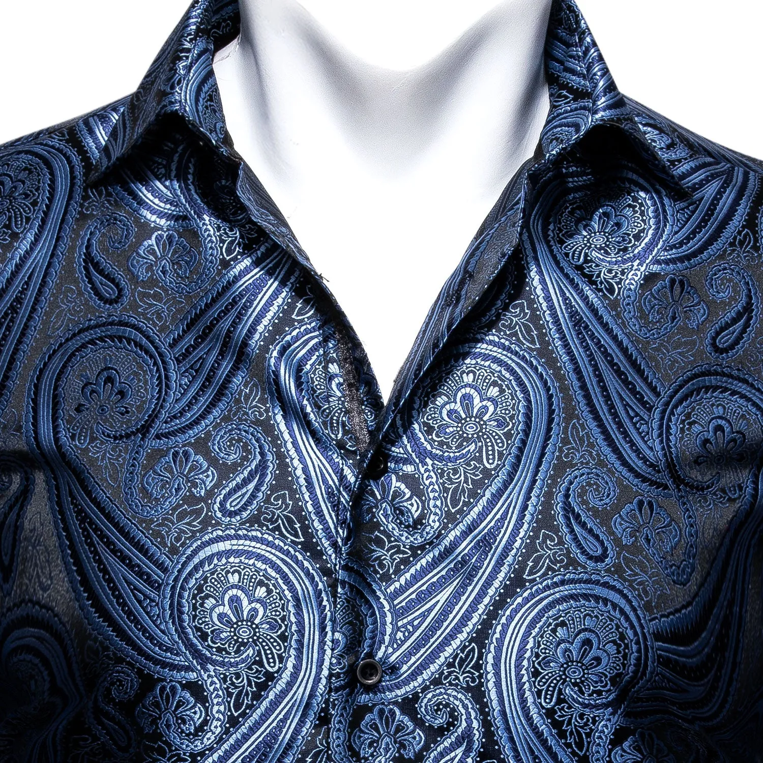 Grey Blue Paisley Style Silk Men's Long Sleeve Shirt