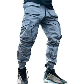 Grey Men's Multi Pocket Fashion Cargo Pants Technical Reflective Jogger Pants | W302