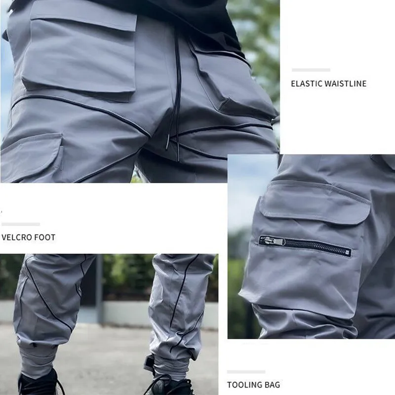 Grey Men's Multi Pocket Fashion Cargo Pants Technical Reflective Jogger Pants | W302