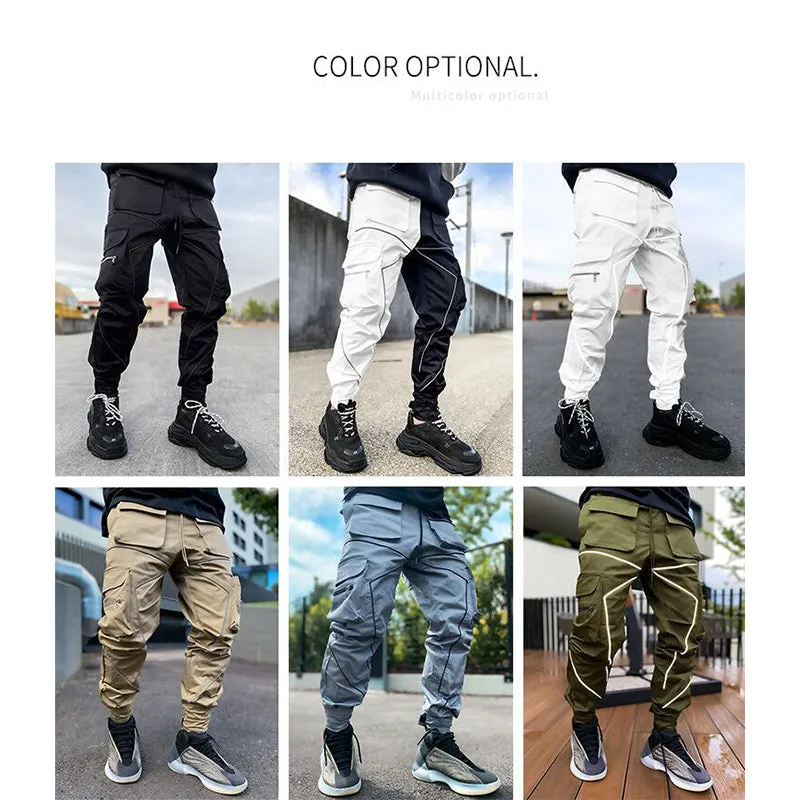 Grey Men's Multi Pocket Fashion Cargo Pants Technical Reflective Jogger Pants | W302