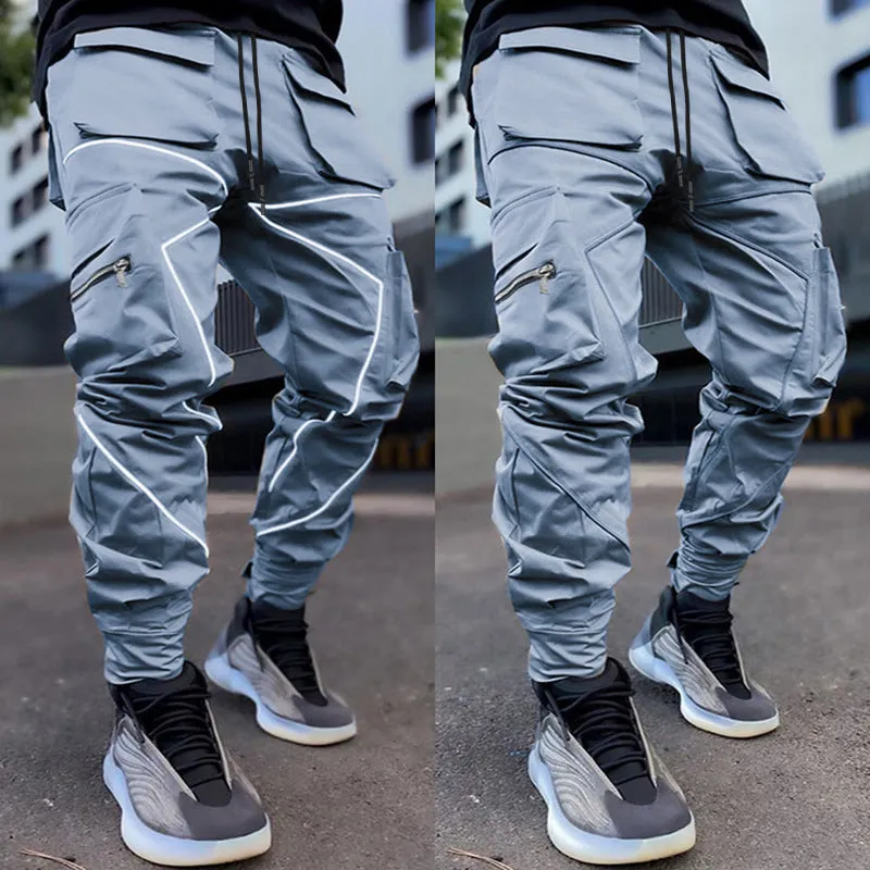 Grey Men's Multi Pocket Fashion Cargo Pants Technical Reflective Jogger Pants | W302