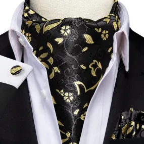 Hi-Tie Black Golden Floral Ascot Tie Pocket Square Cufflinks Set