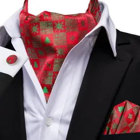 Hi-Tie Red Green Christmas Novelty Ascot Pocket Square Cufflinks Set