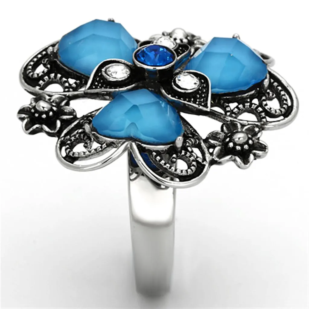 High polished (no plating) Stainless Steel Ring with Synthetic Synthetic Stone in Sea Blue for Women Style TK1149