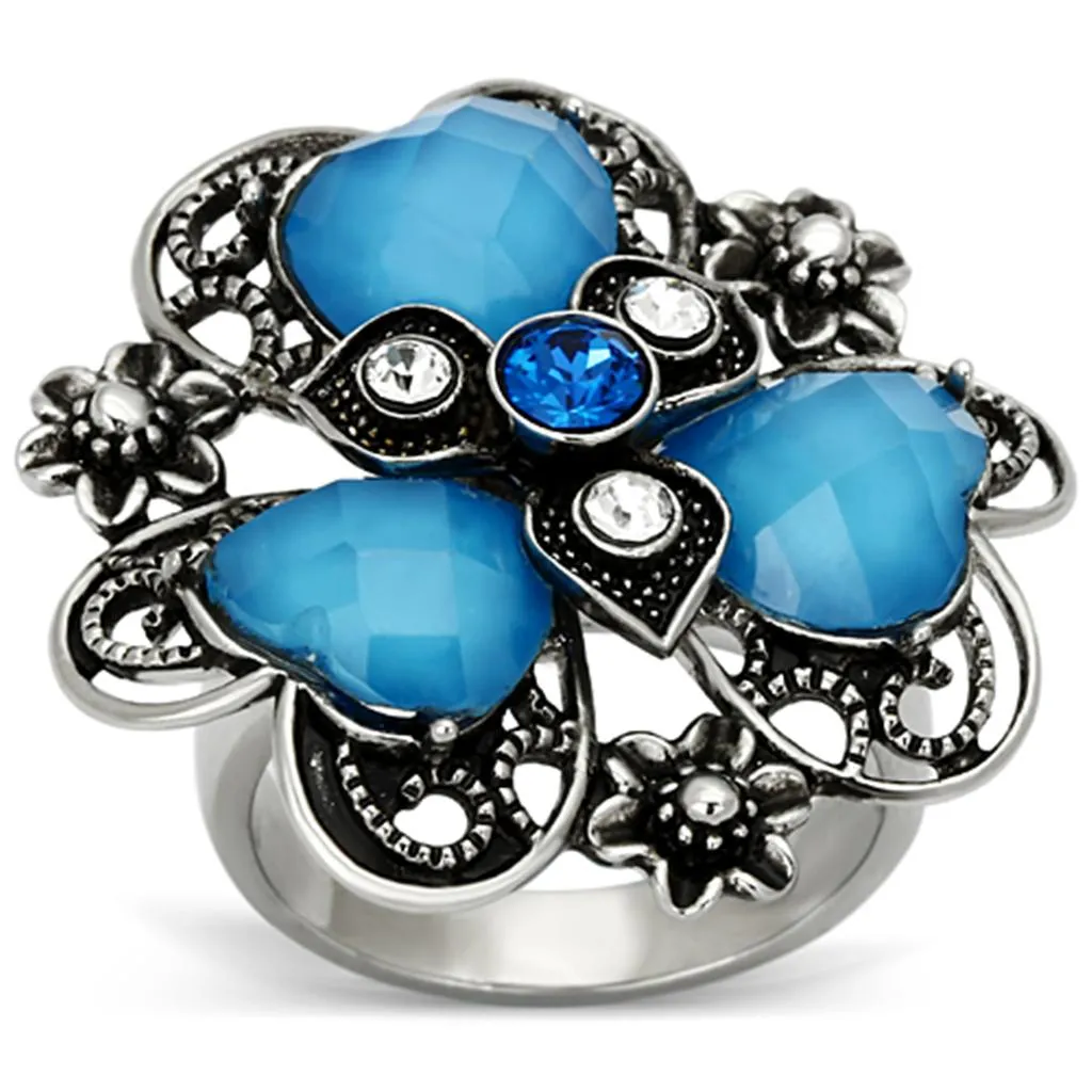 High polished (no plating) Stainless Steel Ring with Synthetic Synthetic Stone in Sea Blue for Women Style TK1149