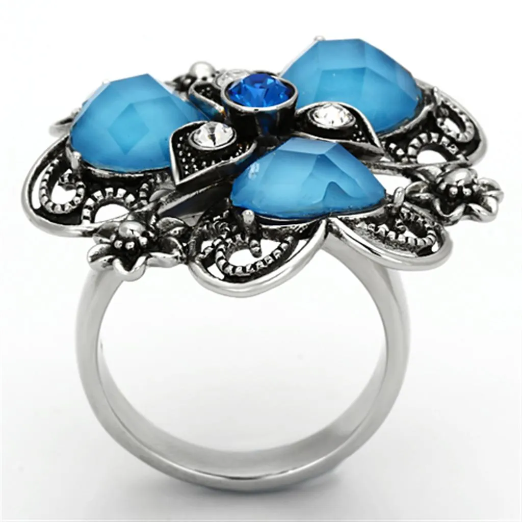 High polished (no plating) Stainless Steel Ring with Synthetic Synthetic Stone in Sea Blue for Women Style TK1149