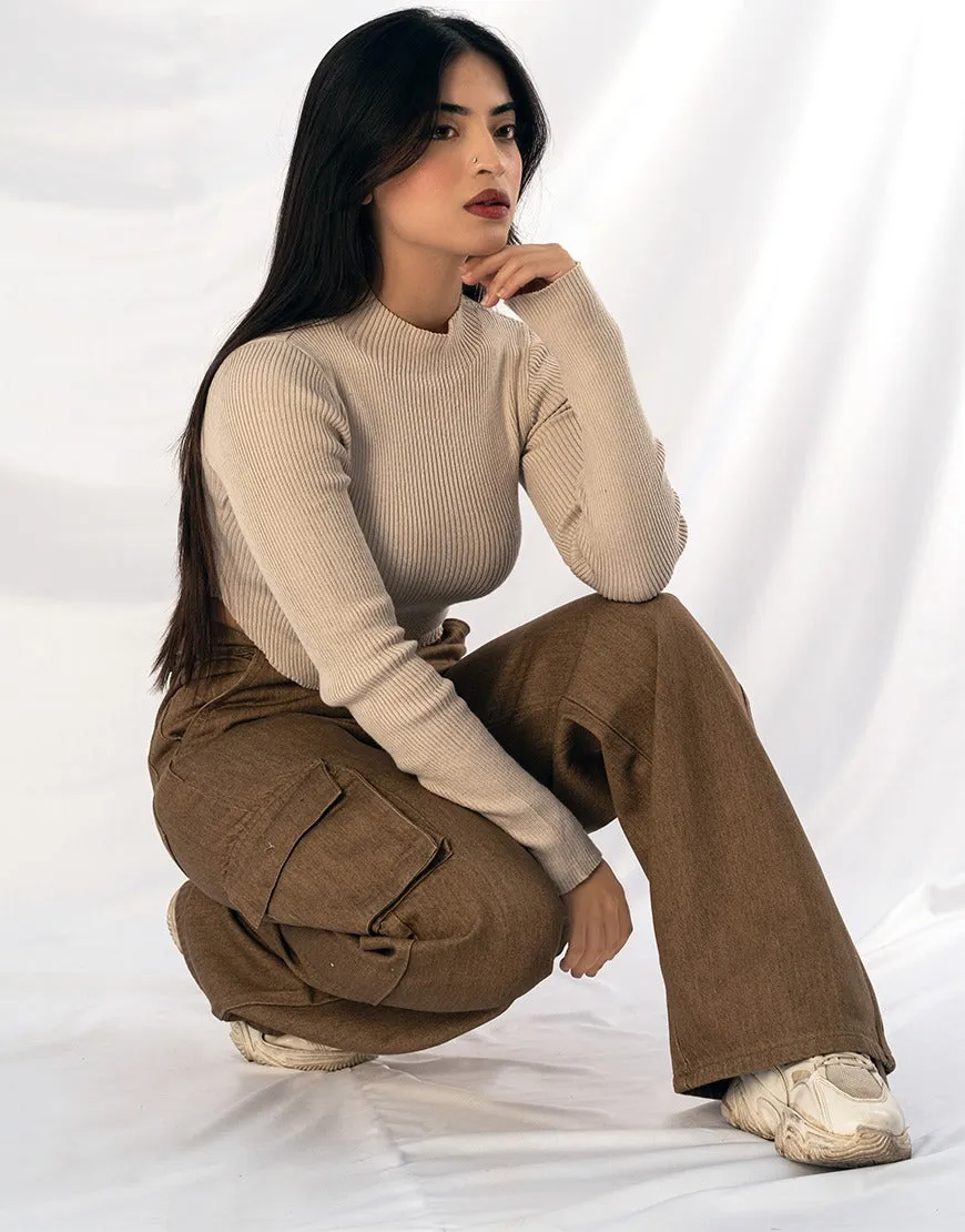 High Rise Wide Leg Cargo Jeans Brown