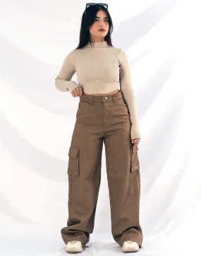 High Rise Wide Leg Cargo Jeans Brown