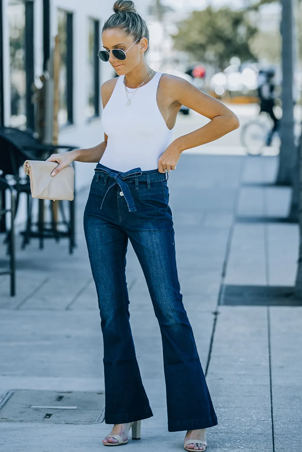 High Waist Bell Bottom Jeans with Attached Belt