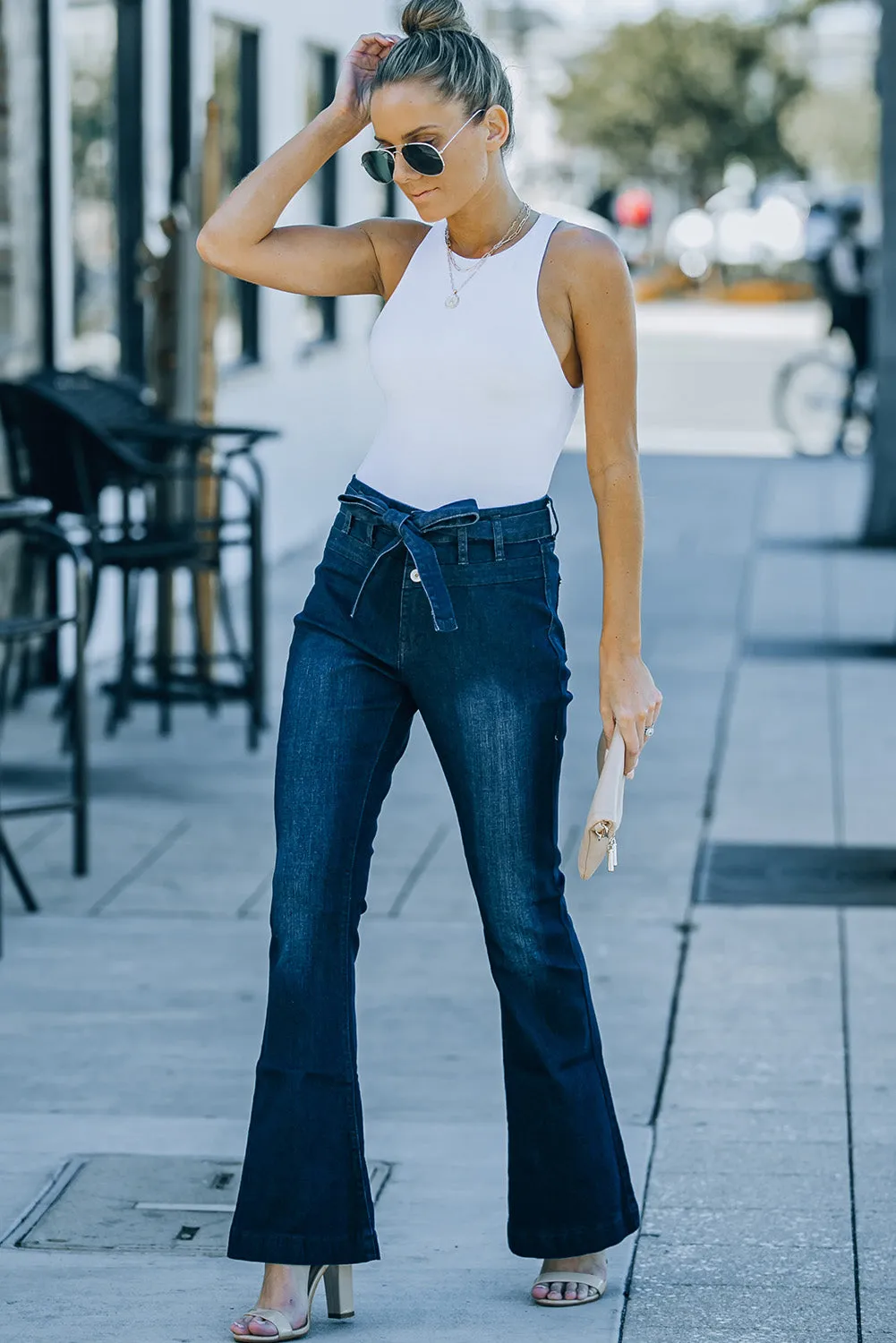 High Waist Bell Bottom Jeans with Attached Belt