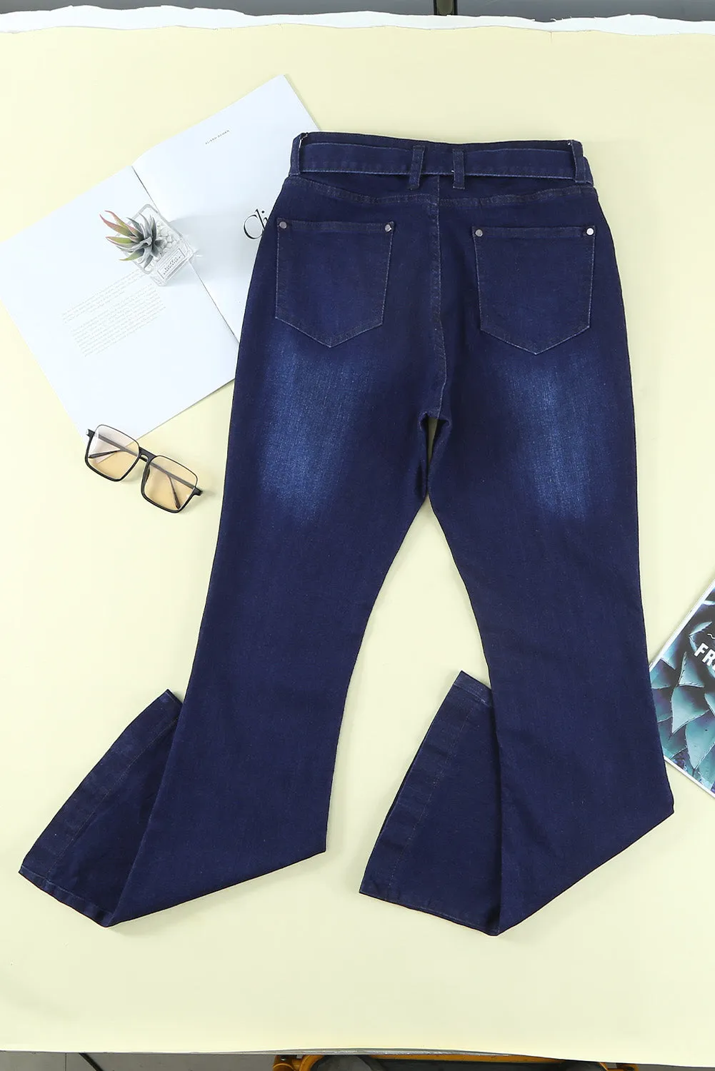 High Waist Bell Bottom Jeans with Attached Belt