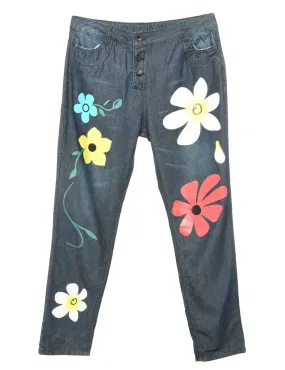 Indigo Floral Paint Tapered Jeans - W34 L31