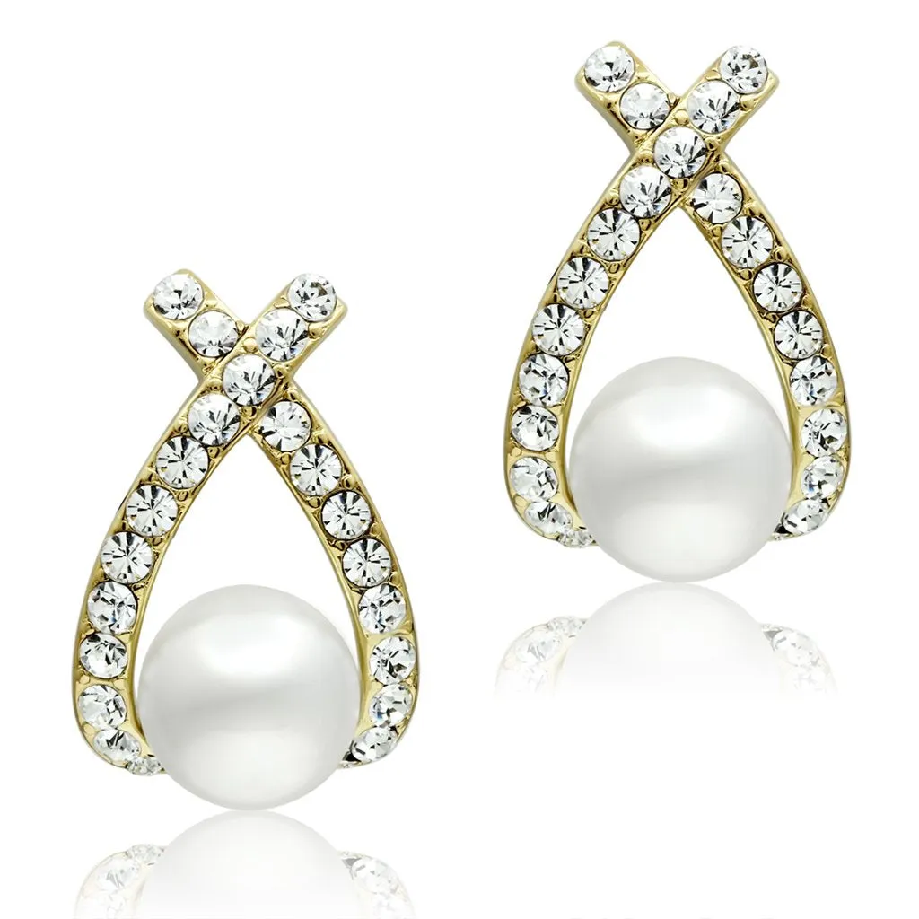 IP Gold(Ion Plating) Brass Earrings with Synthetic Pearl in White for Women White Stone Color Style GL251