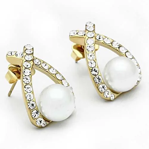 IP Gold(Ion Plating) Brass Earrings with Synthetic Pearl in White for Women White Stone Color Style GL251