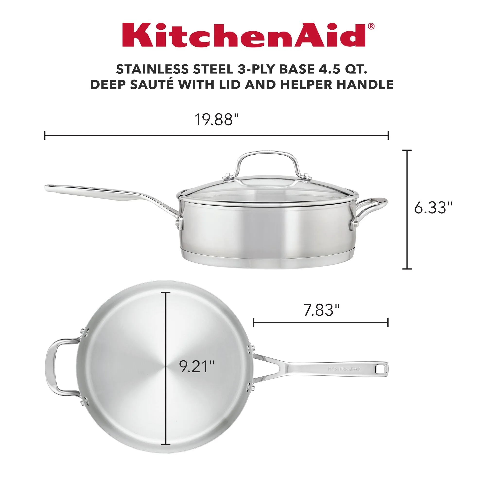 KitchenAid 3-Ply Base Stainless Steel Deep Sauté Pan with Helper Handle and Lid, 4.5-Quart, Brushed Stainless Steel