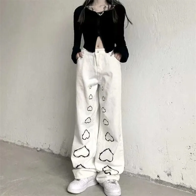 KittenAlarm - Mojoyce High Street Hot Girl Vintage Heart Print High Waist Straight Goth  Baggy Jeans Woman Y2K Clothes Wide Leg Denim Pants