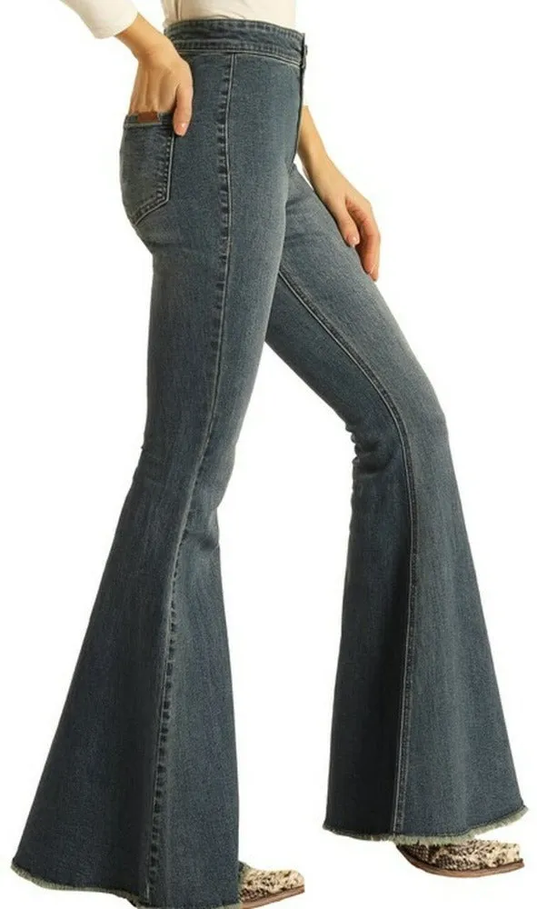 LADIES ROCK AND ROLL BUTTON BELLS HIGH RISE STRETCH FLARE JEANS #WPB2670