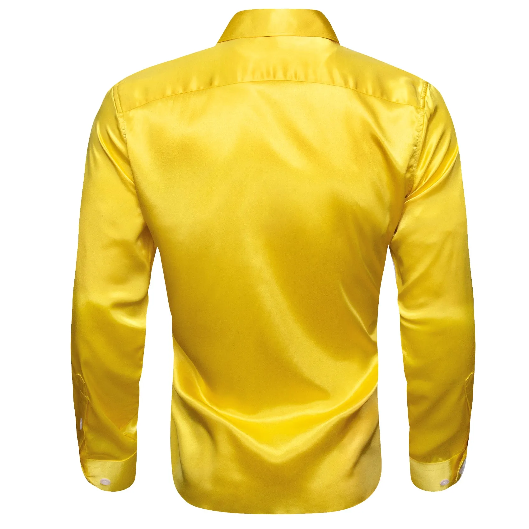 Lemon Yellow Solid Satin Silk Men's Long Sleeve Shirt