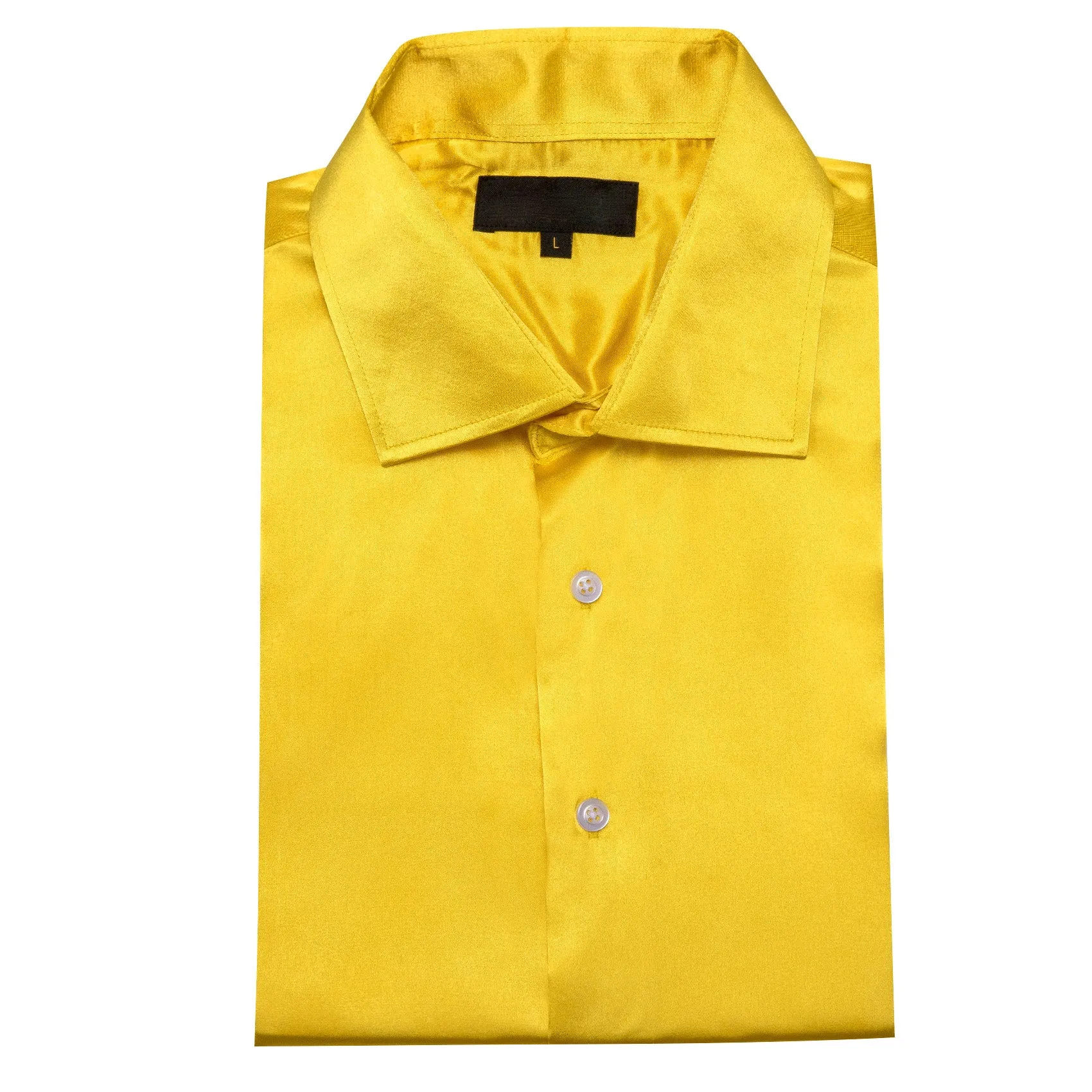 Lemon Yellow Solid Satin Silk Men's Long Sleeve Shirt