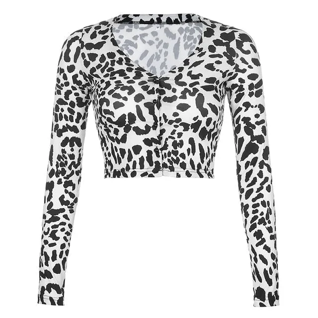 Leopard Print Sexy V Neck Rave Outfit Crop Top Long Sleeve