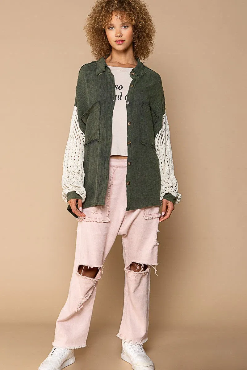 Lesley Olive Green Crochet Sleeve Shacket