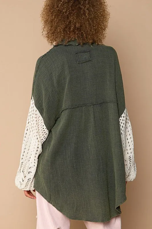 Lesley Olive Green Crochet Sleeve Shacket