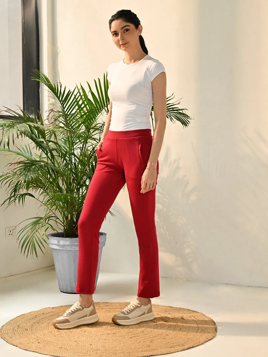 Liah Red Straight Fit Trousers for Women