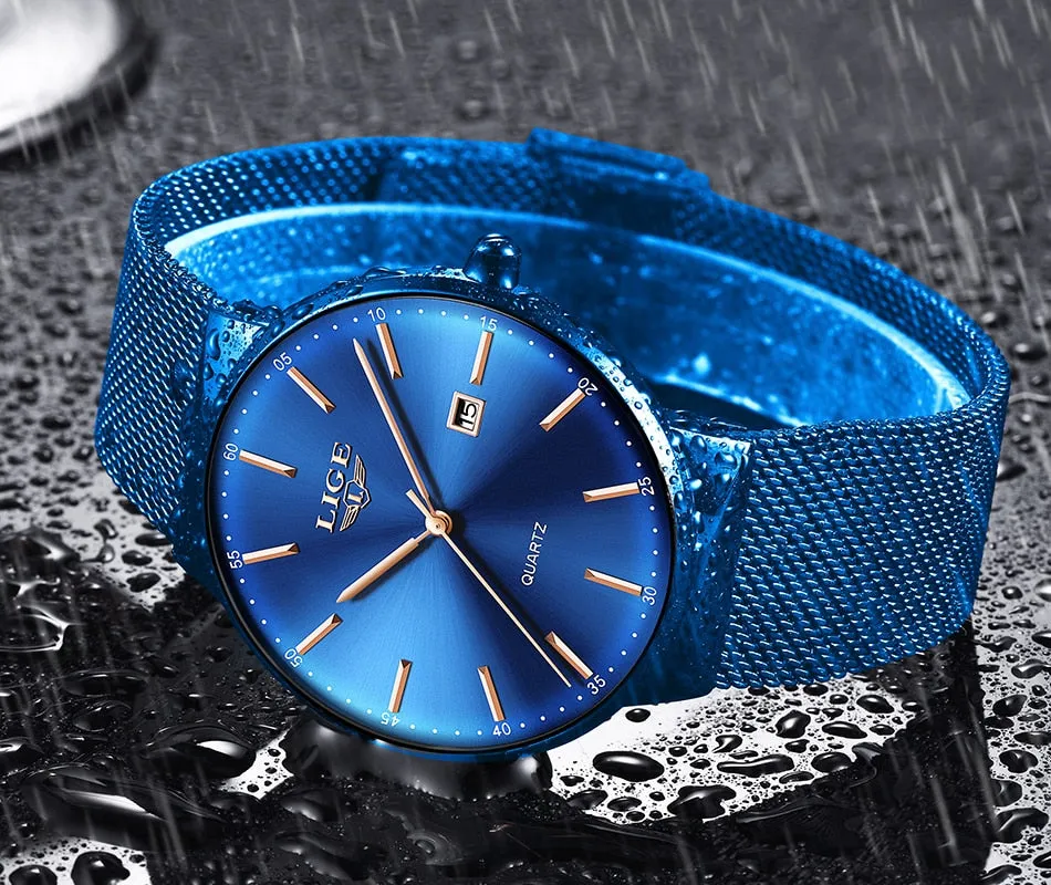 LIGE Fashion Full Stainless Steel Mesh Strap Business Watch