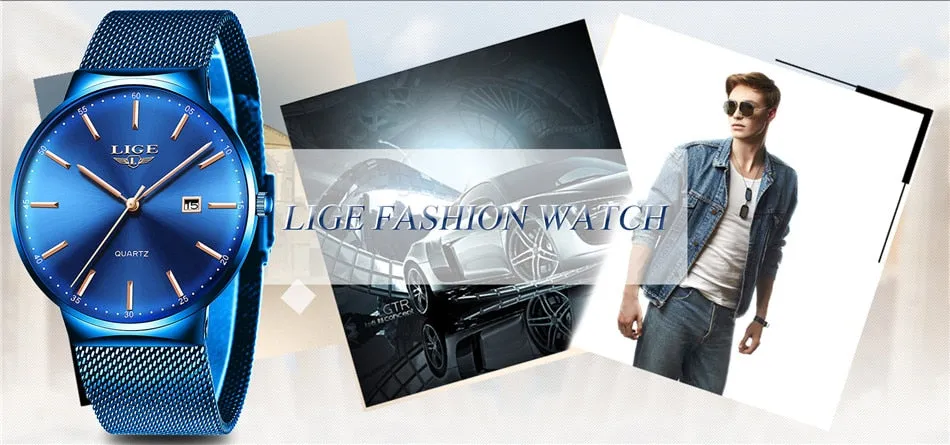 LIGE Fashion Full Stainless Steel Mesh Strap Business Watch