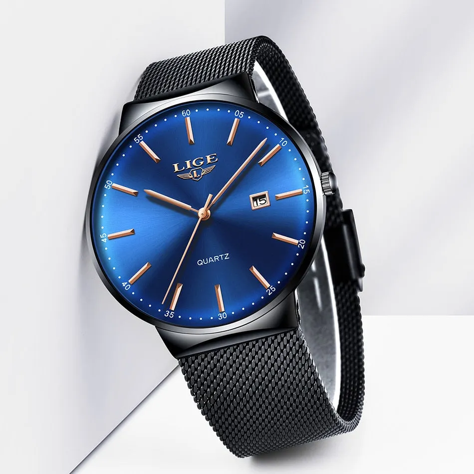 LIGE Fashion Full Stainless Steel Mesh Strap Business Watch