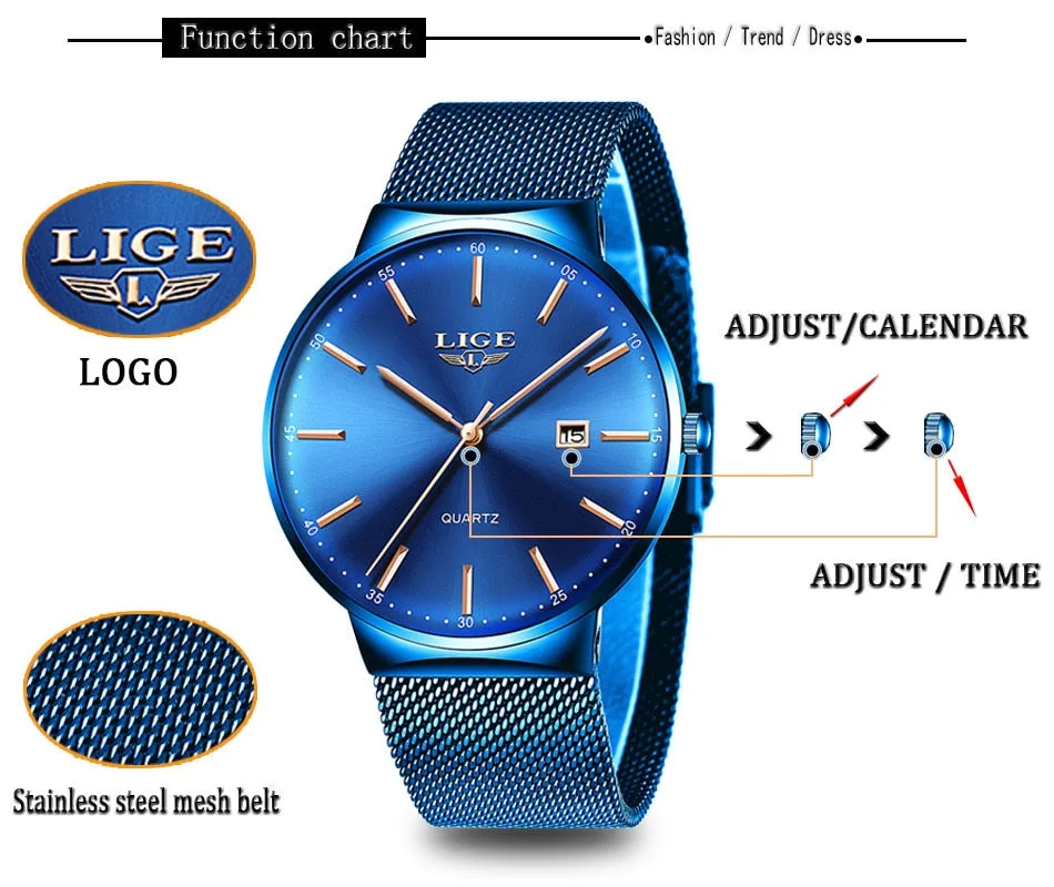 LIGE Fashion Full Stainless Steel Mesh Strap Business Watch