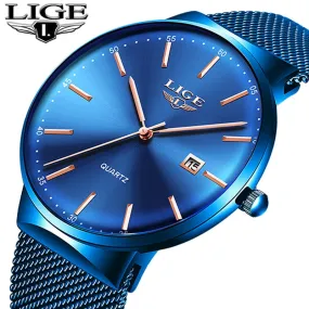 LIGE Fashion Full Stainless Steel Mesh Strap Business Watch