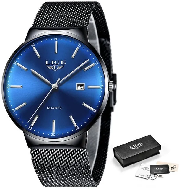 LIGE Fashion Full Stainless Steel Mesh Strap Business Watch