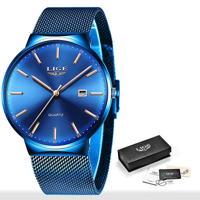 LIGE Fashion Full Stainless Steel Mesh Strap Business Watch