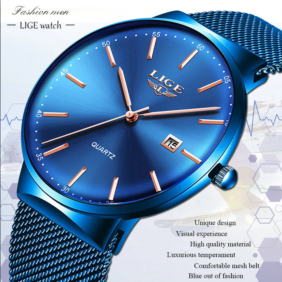 LIGE Fashion Full Stainless Steel Mesh Strap Business Watch