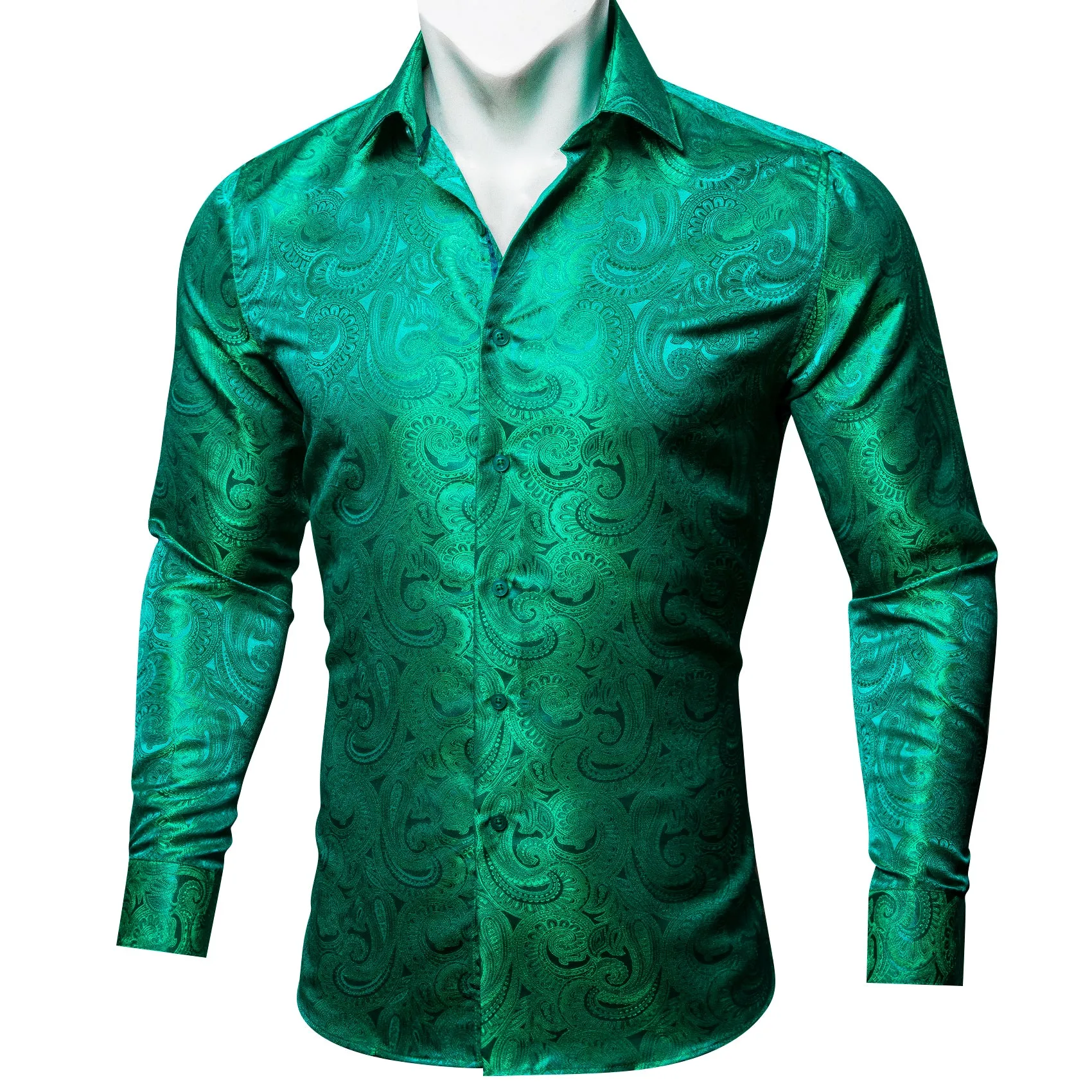 Light Green Paisley Pattern Silk Men's Long Sleeve Shirt