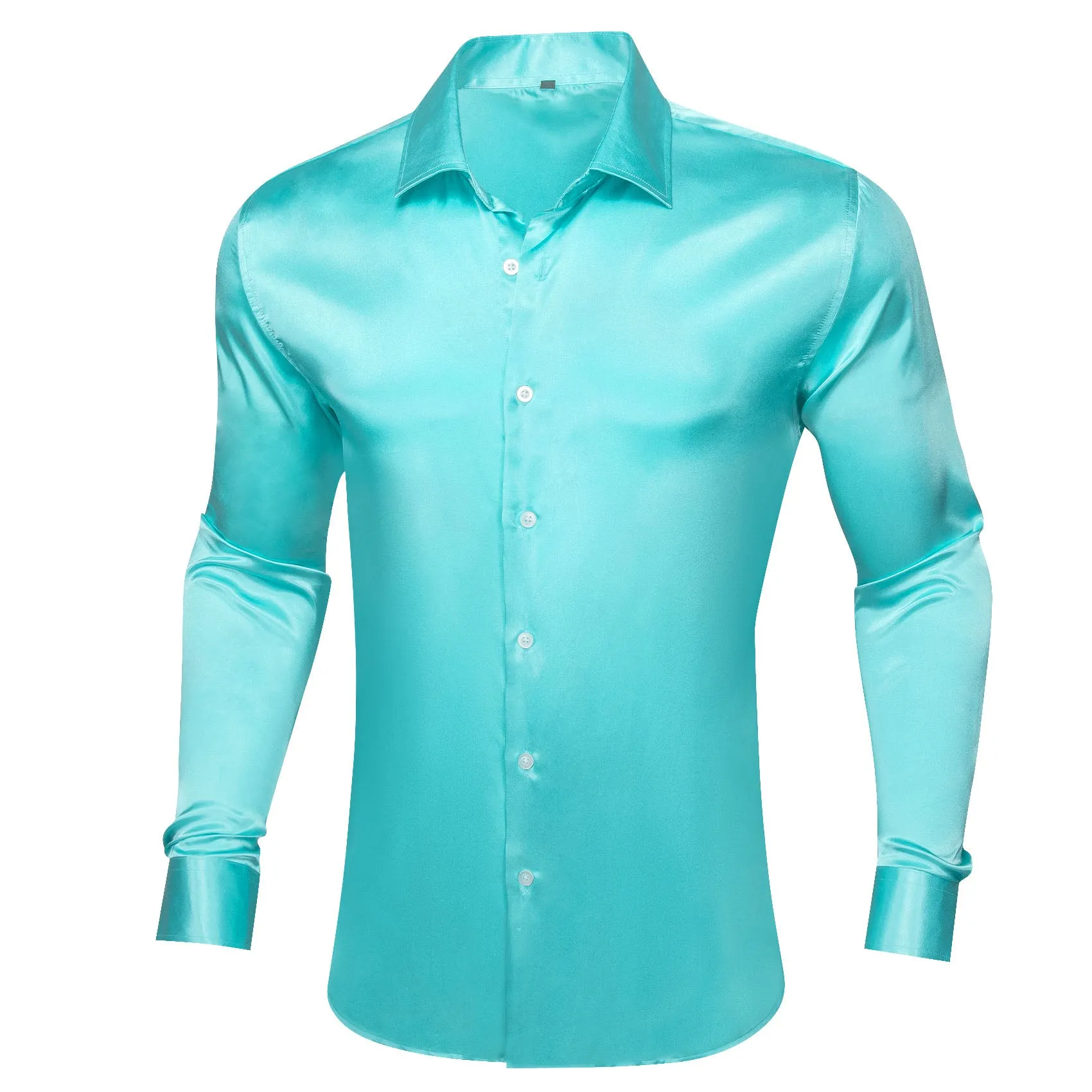 Light Lake Blue Solid Silk Men's Long Sleeve Shirt