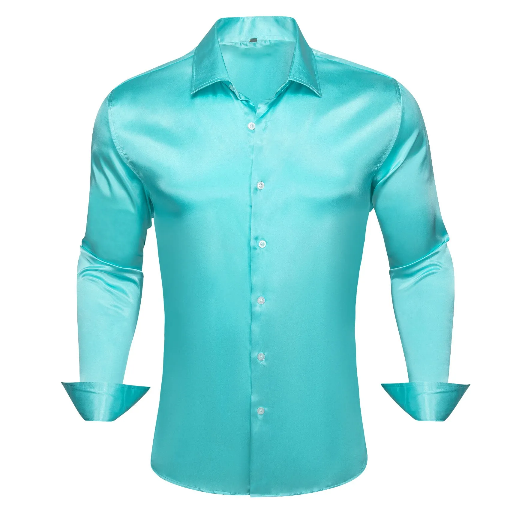 Light Lake Blue Solid Silk Men's Long Sleeve Shirt