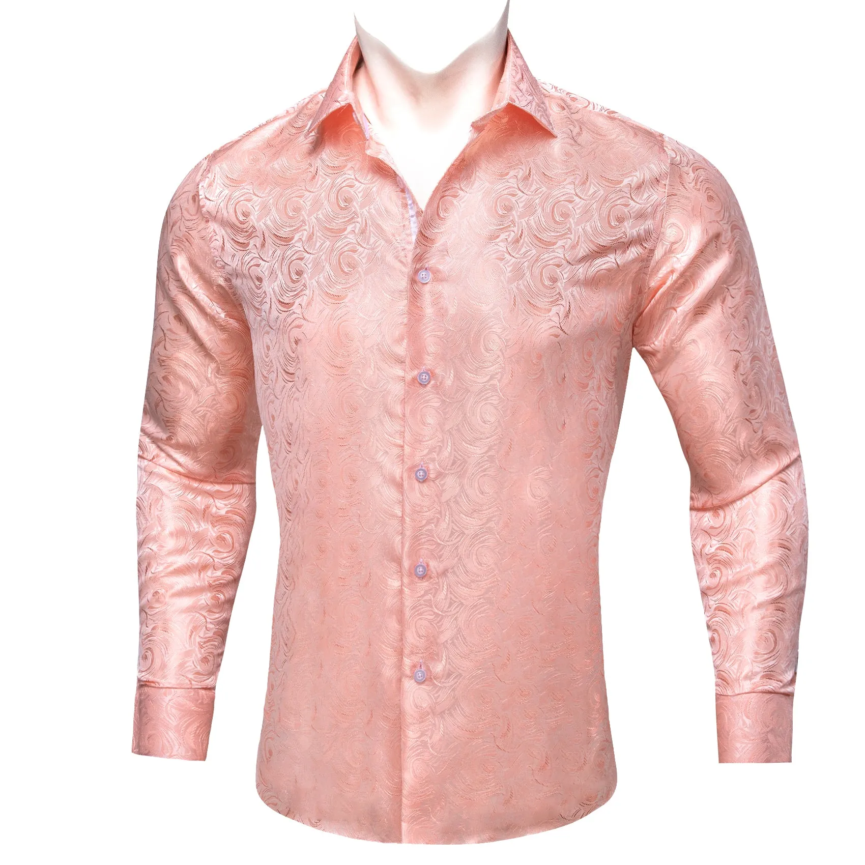 LightPink Rose Flower Pattern Floral Silk Men's Long Sleeve Shirt