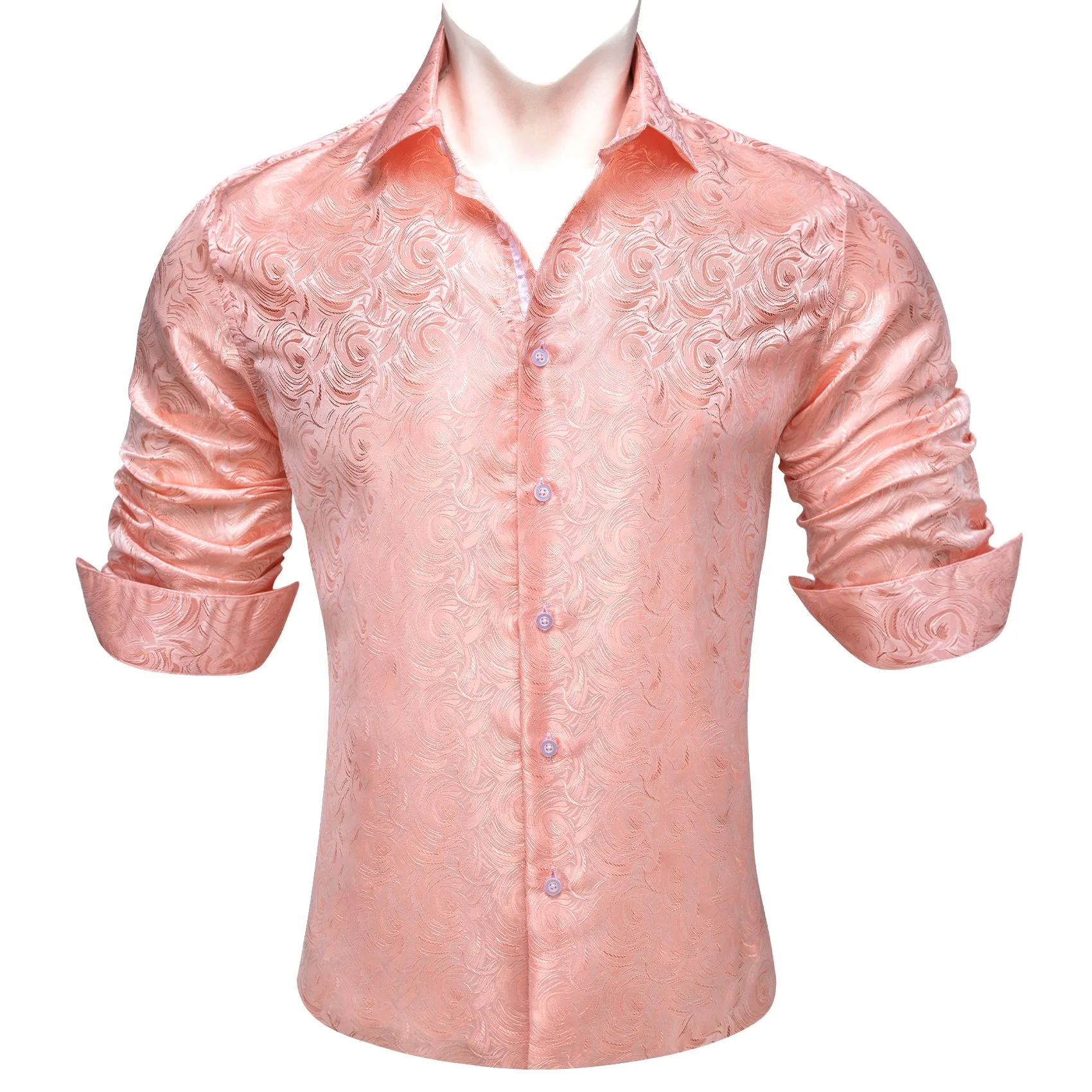 LightPink Rose Flower Pattern Floral Silk Men's Long Sleeve Shirt