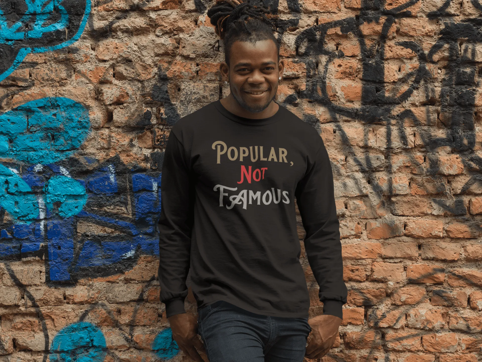 Long Sleeve Crewneck T-Shirt - “Popular Not Famous” Logo