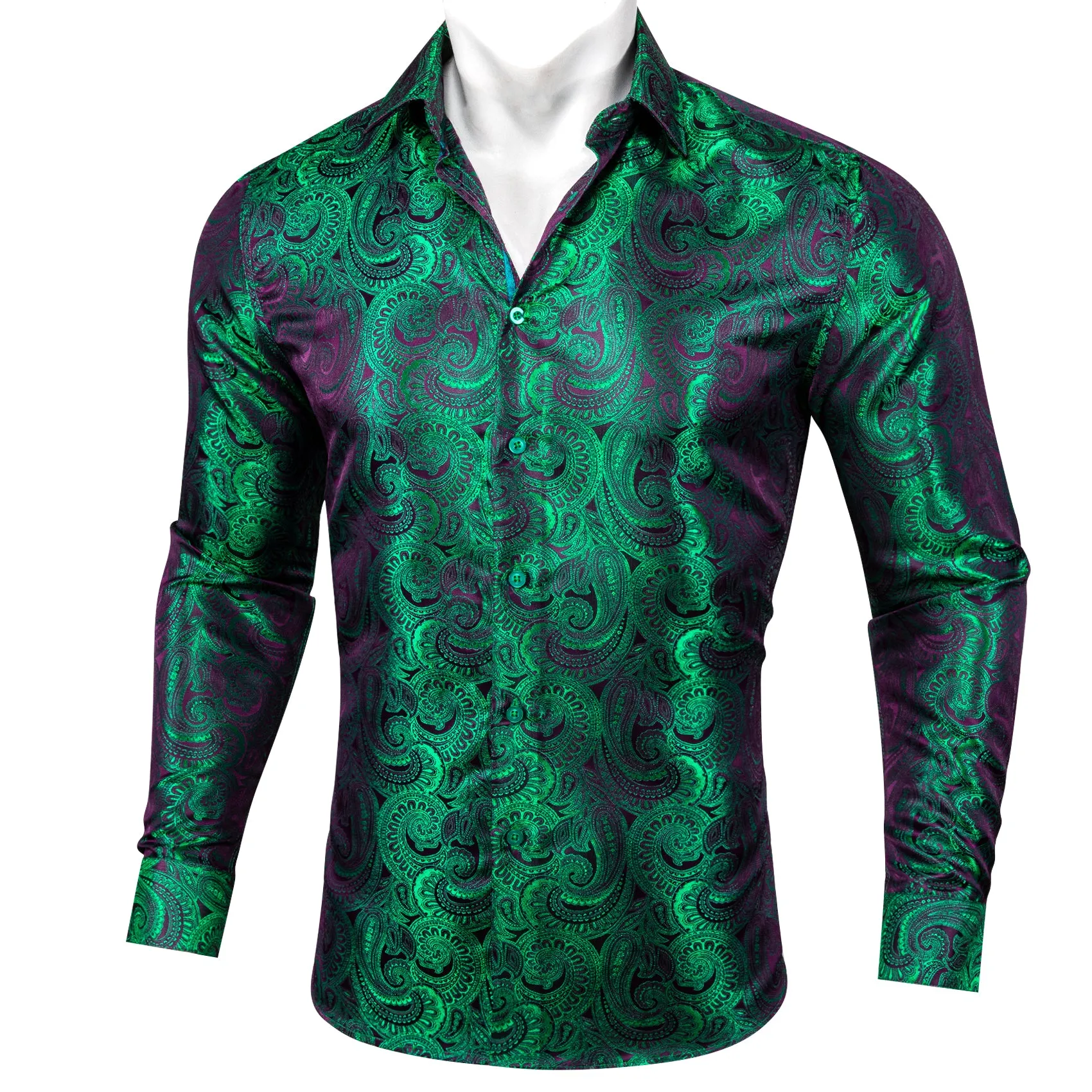 Luxury Purple Green Gradient Paisley Pattern Silk Men's Long Sleeve Shirt