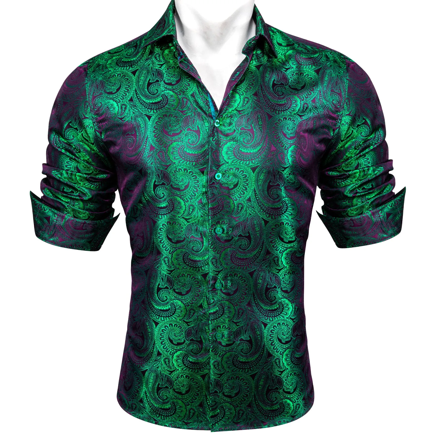 Luxury Purple Green Gradient Paisley Pattern Silk Men's Long Sleeve Shirt