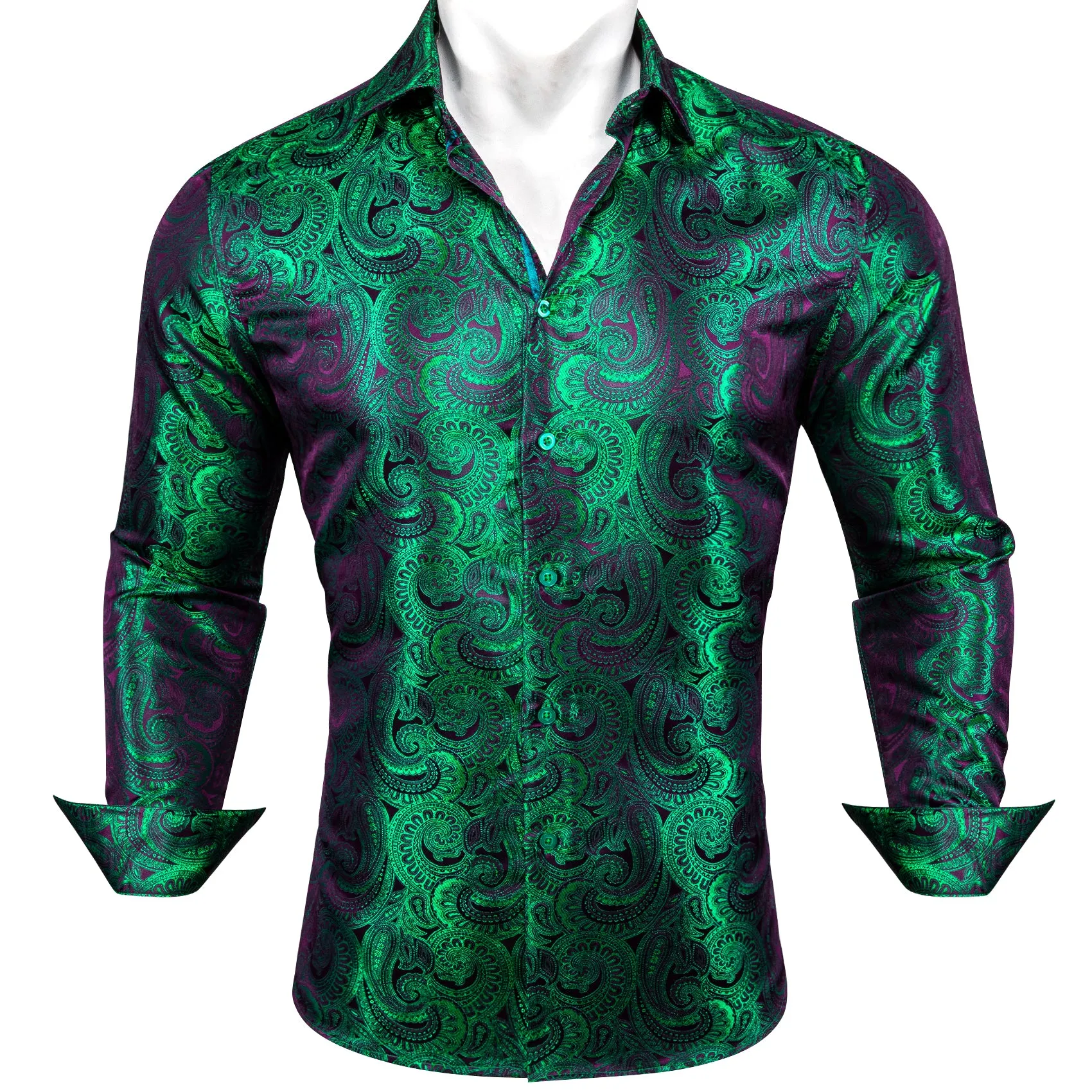 Luxury Purple Green Gradient Paisley Pattern Silk Men's Long Sleeve Shirt