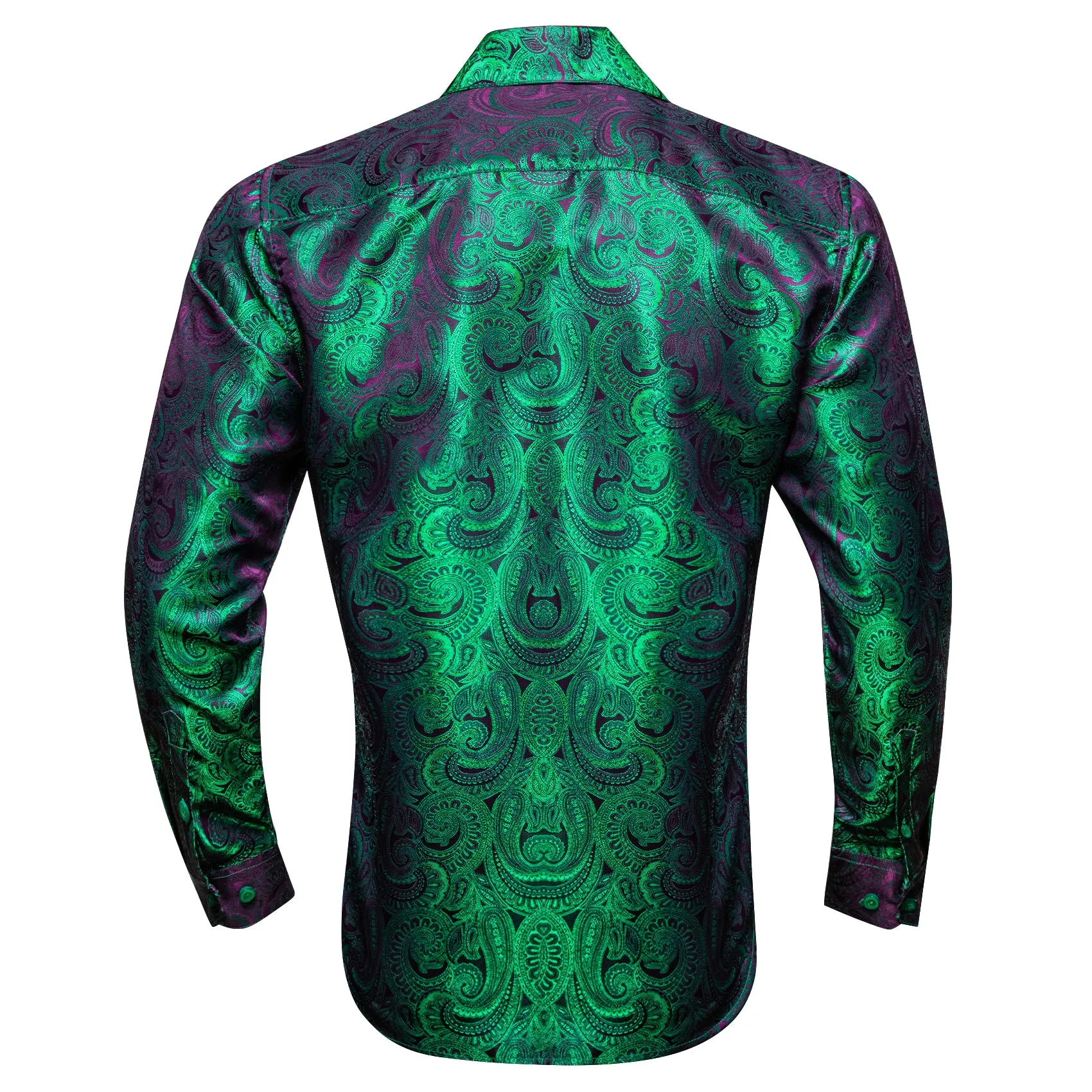 Luxury Purple Green Gradient Paisley Pattern Silk Men's Long Sleeve Shirt