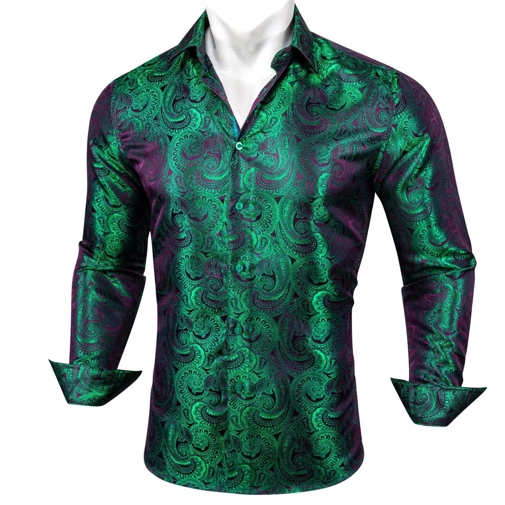 Luxury Purple Green Gradient Paisley Pattern Silk Men's Long Sleeve Shirt