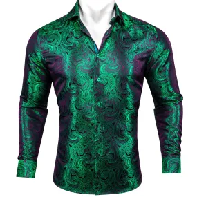 Luxury Purple Green Gradient Paisley Pattern Silk Men's Long Sleeve Shirt